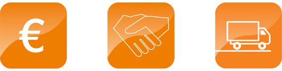 Logoer med euro tegn, håndtryk og distributionsbil